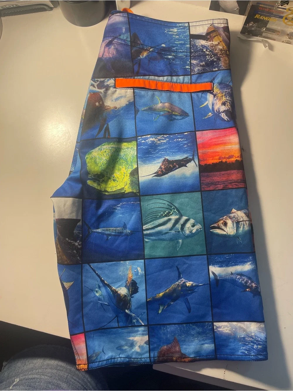 Pelagic Blue Ocean Photo-Block Swim Shorts with Orange Accents